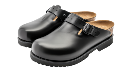 Pair of black leather clogs with buckles on transparent background