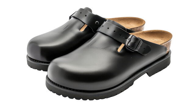 Pair of black leather clogs with buckles on transparent background