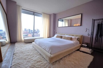 A modern bedroom interior featuring soft colors and a cityscape view
