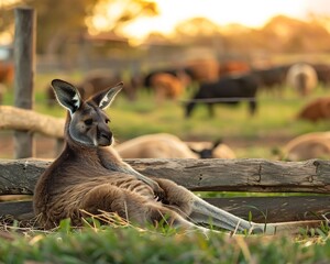 Obraz premium Western Grey Kangaroo resting near wooden farm fence grazing livestock background rich earthy tones golden light creating rustic timeless aesthetic taken 70 200mm telephoto lens for depth compression