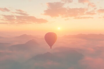 Fototapeta premium Hot air balloon sunrise flight over misty mountains; travel adventure