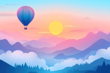 Fototapeta premium Hot air balloon sunrise mountain landscape; peaceful travel