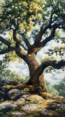 Fototapeta premium A towering and textured tree rises from a rocky landscape