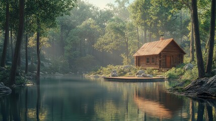 Fototapeta premium Log cabin sits peacefully beside a calm lake in a misty green forest. Ideal for illustrating peace, tranquility, and the beauty of nature.
