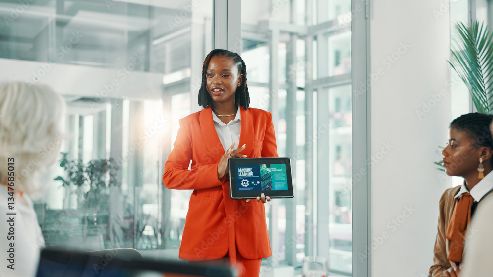 Poster colleagues, online and women with tablet, boardroom and robotic process automation and collaboration
