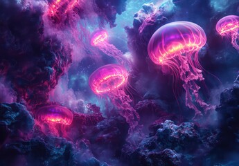 Fototapeta premium Glowing jellyfish ocean reef, fantasy art, underwater