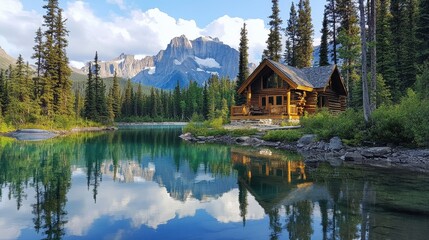Fototapeta premium Cabin on a lake with mountains reflected on the water, trees surround it. Great for travel, recreation, or advertising related to nature and peace.