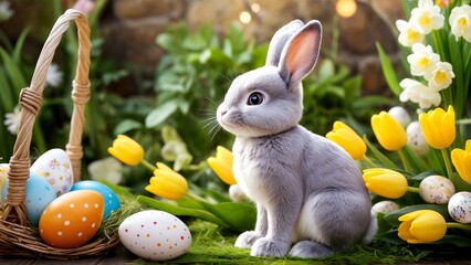 A gray rabbit sitting in front of a basket of easter eggs.