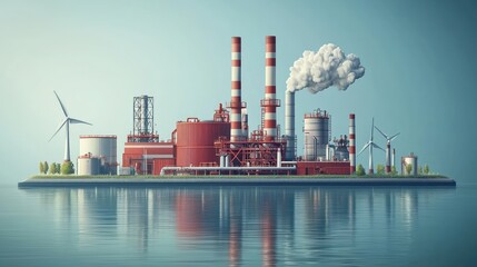Obraz premium Industrial Island: A Futuristic Blend of Tradition and Renewable Energy