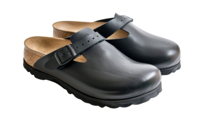 Comfortable leather clogs with cork footbed and adjustable strap on transparent background