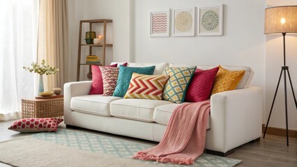 Modern White Sofa with Vibrant Cushions: Create a cozy living room with a modern white sofa adorned with an array of colorful cushions in various sizes, patterns, and textures. Add a soft, pastel-colo