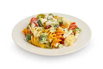 Delicious fusilli pasta with broccoli and cheese in plate on white background