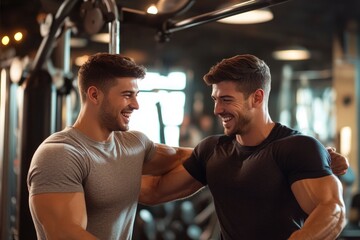 Friendly male gym-goers embrace each other with smiles, celebrating fitness and camaraderie.