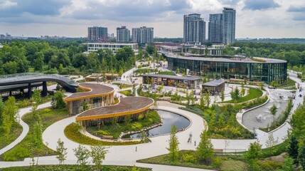 Elevated View of a Modern Urban Park with Winding Paths and Water Features