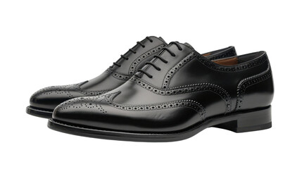 Pair of black leather oxford brogue dress shoes isolated on transparent background