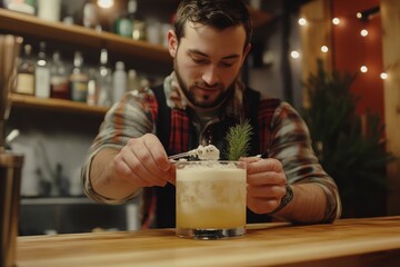 Bartender skillfully completes the artistic decoration of his signature cocktail creation
