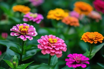 Various colorful flowers are displayed in a blurry green garden