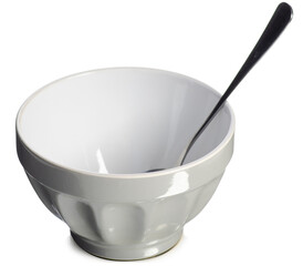 Empty plate bowl with spoon on white background isolation