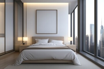 A contemporary bedroom showcasing a bed and a city view