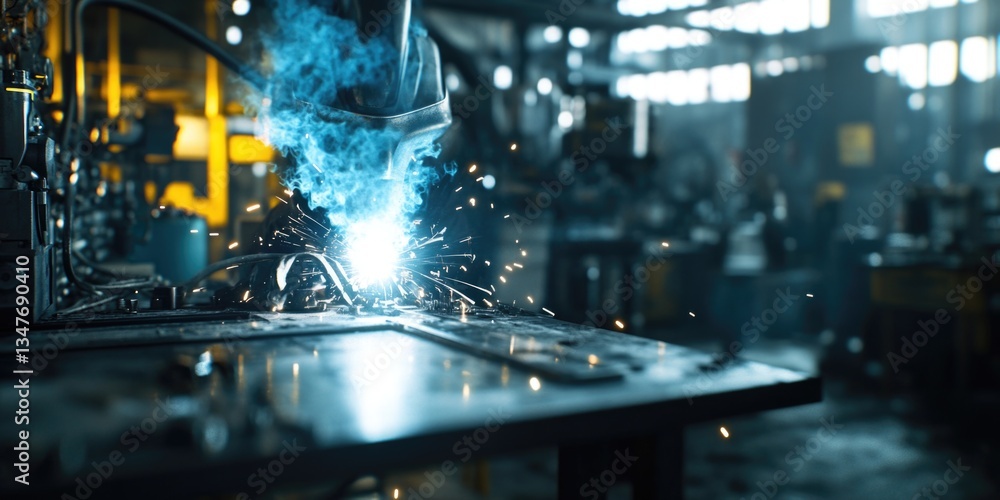 Poster robot manufacturing in factory setting with sparks flying.