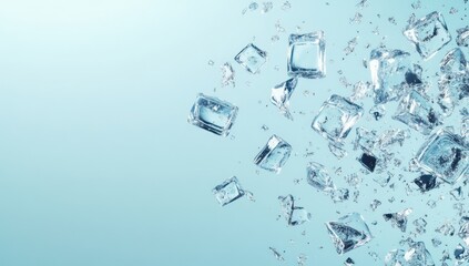 Ice cubes falling, blue background, cool drink concept