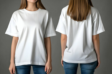 An oversized white t-shirt mockup worn by a woman, styled with jeans, creating a relaxed, modern look for apparel design. 40k, , high resolution