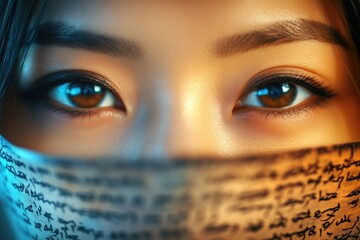 Close-up of young asian female eyes with scripted cloth