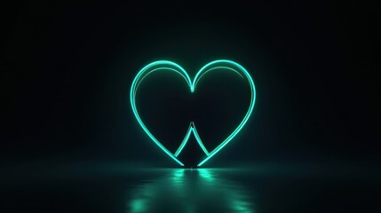 Glowing teal heart, dark background, reflective surface, love concept