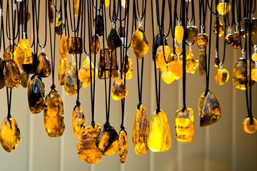 Handicrafts made of raw amber are put up for sale in a souvenir shop at a tourist fair
