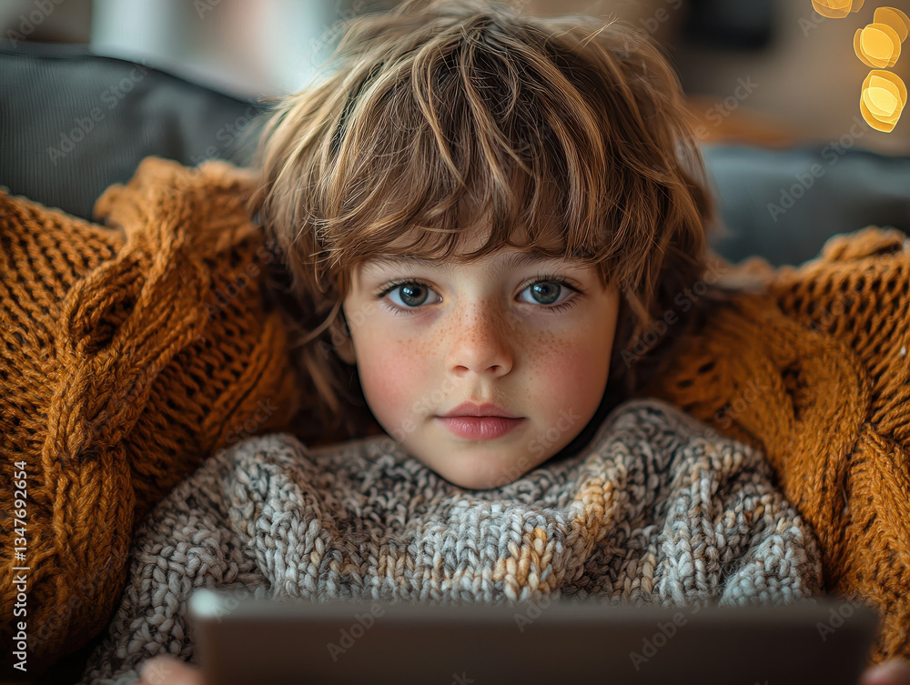 Poster child joyfully learning foreign languages at home with a tablet in a light-filled modern environment