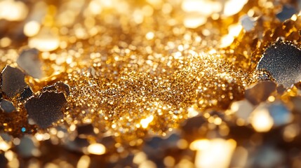 Shiny golden glitter with reflective textures and beautiful bokeh