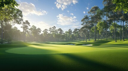 Fototapeta premium Sunlit Golf Course Green, Forest