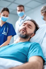 Unconscious caucasian male patient surrounded by medical team in hospital room