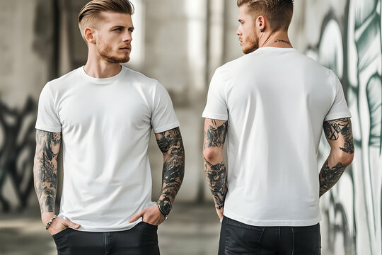 A plain white t-shirt mockup in both front and back perspectives, perfect for custom graphic placement. 40k, , high resolution