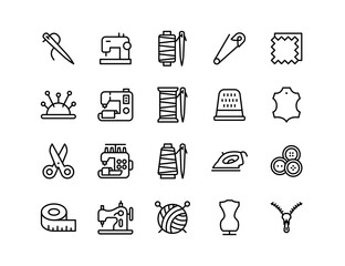 Sewing Vector Icon Set | Adjustable Line Weight | Needle, thread, scissors, fabric, sewing machine, buttons, yarn, zipper, measuring tape, tailoring, fashion, craft, hobby icons