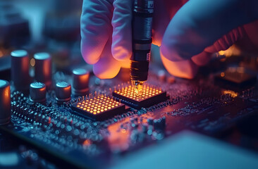Tech assemblying microchips on motherboard. Engineer in sterile gloves solders electronic components using special tool. Semiconductor manufacturing concept. Modern technology digital engineering
