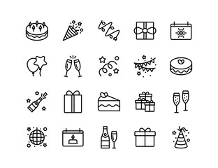 Birthday Party Vector Icon Set | Adjustable Line Weight | Cake, balloons, gift, celebration, champagne, confetti, party hat, calendar, drinks, cheers, festive, decorations icons