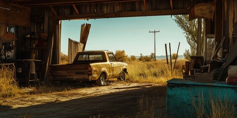 An old truck parked in the doorway of a rustic, abandoned garage with dusty windows and surroundings. The scene conveys a sense of neglect and passage of time.