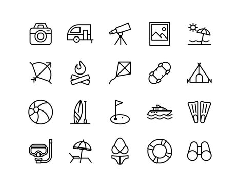 Summer Vector Icon Set | Adjustable Line Weight | Travel, vacation, camping, beach, snorkeling, surfing, photography, telescope, yacht, leisure, adventure, outdoor recreation, exploration icons