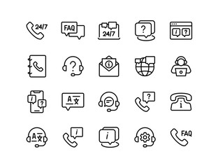 Fototapeta premium Customer Support and Communication Vector Icon Set – 24/7 Call, Chat, Email, Web Support, FAQ, Online Help, Mobile Assistance, Call Center, Translation, Service Settings, Phonebook