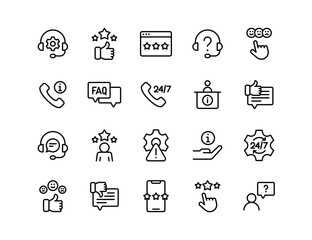 Customer Support and Feedback Vector Icon Set – Headset, Rating, FAQ, 24/7 Service, Positive Review, Online Support, Information Counter, Chat Support, Helpdesk, Thumbs Up, Mobile Rating