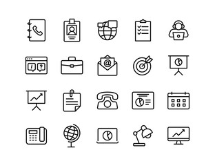 Business and Office Vector Icon Set – Contacts Book, ID Card, Checklist, Laptop, Briefcase, Email, Target, Presentation, Calendar, Phone, Pie Chart, Globe, Computer, Lamp