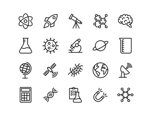 Science Vector Icon Set – Atom, Rocket, Telescope, Molecules, Brain, Microscope, DNA, Planet, Satellite, Bacteria, Virus, Calculator, Flask, Beaker, Globe, Radar, Test Results © digistock