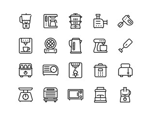 Small Kitchen Appliances Vector Icon Set – Blender, Coffee Machine, Toaster, Food Processor, Microwave, Waffle Maker, Electric Kettle, Instant Pot, Mixer, Steamer, Meat Grinder, Scales