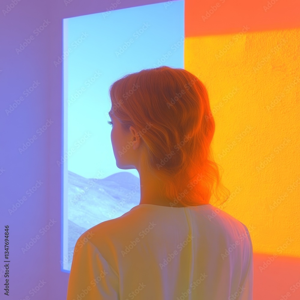 Poster model interacts with abstract light projections in a creative studio setting during the day