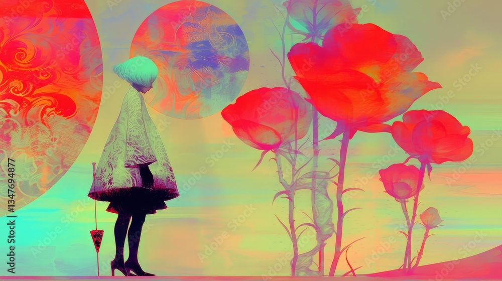 Poster exploring a vibrant and abstract garden with a model against a colorful background of flowers and ci