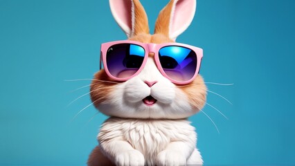 A rabbit wearing pink sunglasses on a blue background.