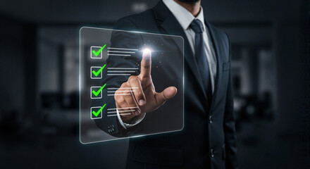 Businessman interacting with digital checklist in office background