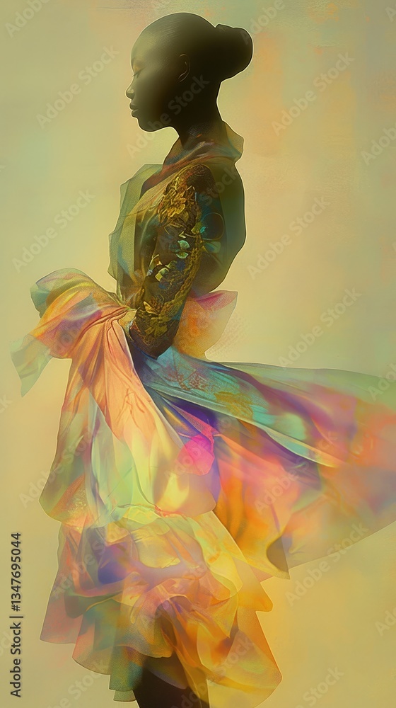 Poster abstract model in colorful attire creating an ethereal effect with flowing fabrics