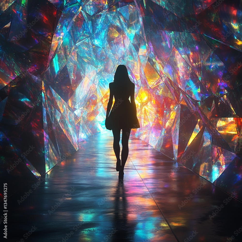 Poster silhouette of a model walking through a vibrant abstract tunnel with colorful light reflections